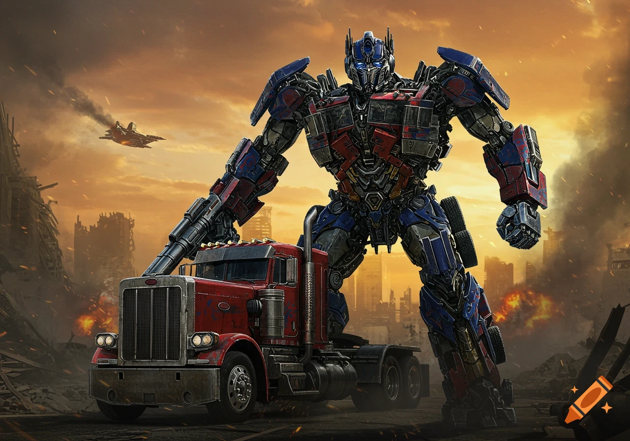 Optimus Prime stands over a red semi-truck in a ruined city battle scene.