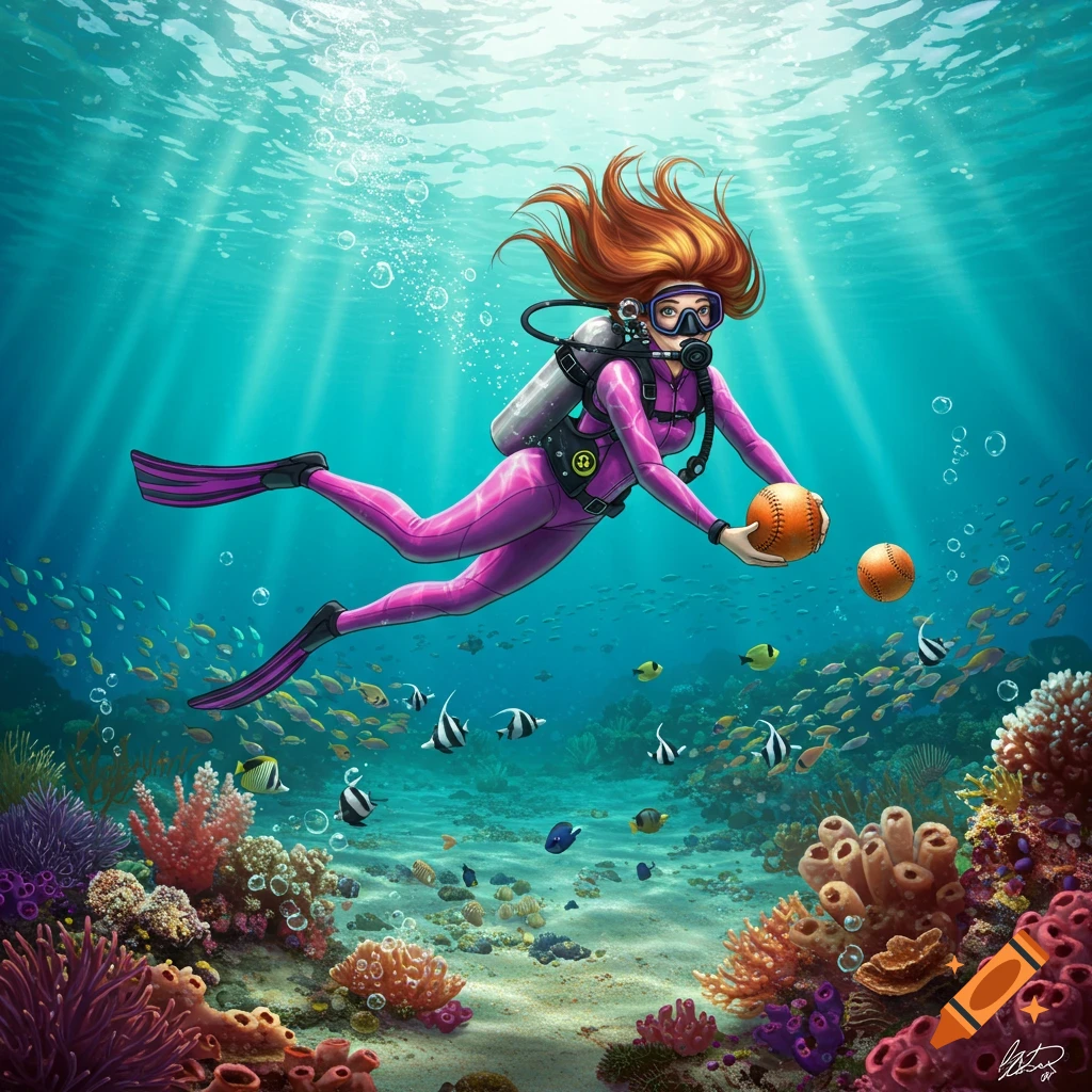 A female scuba diver holds softballs underwater among coral reefs and fish in a vibrant illustration.