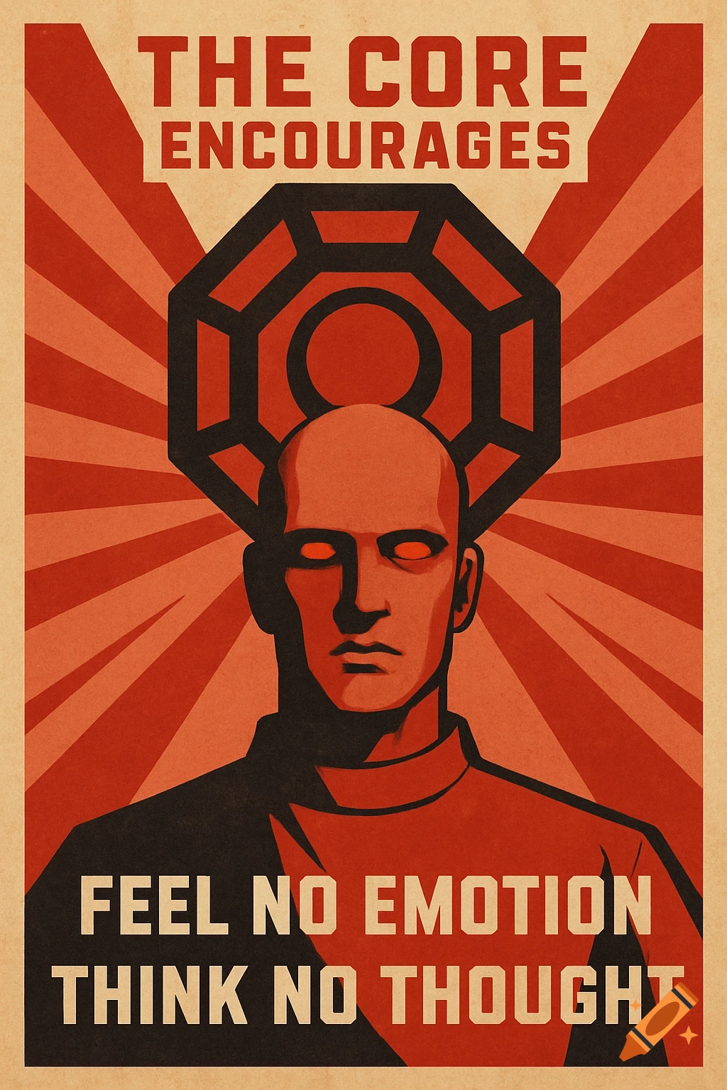 Red and black propaganda poster of a bald man with glowing eyes beneath a geometric symbol, text reads 'The Core Encourages Feel No Emotion Think No Thought'