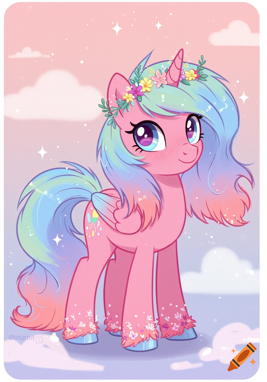 A pink cartoon unicorn with a rainbow mane and tail wears a flower crown and stands in a pastel sky.