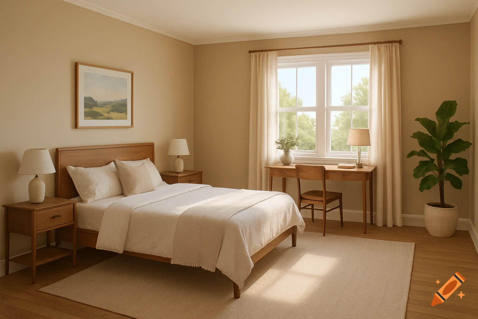 A warm, natural-light filled bedroom with a bed, desk, and large window.