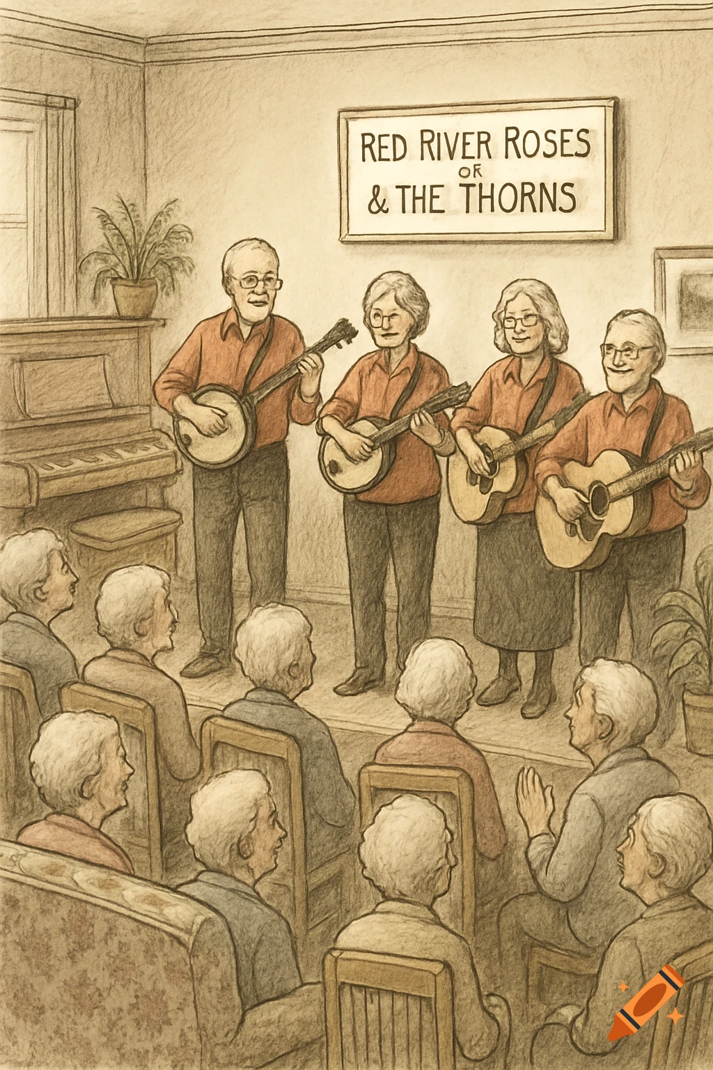 Hand-drawn illustration of a four-member folk band playing for an audience of seniors in a room with a sign.