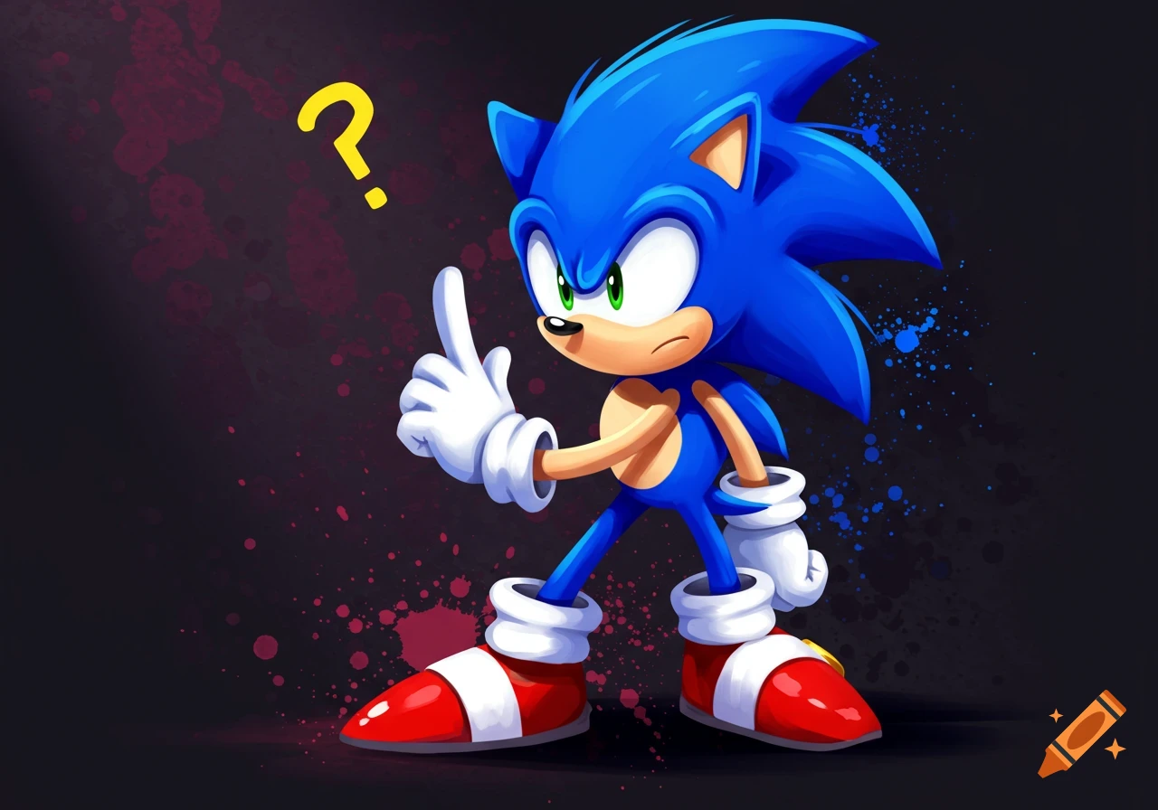 Sonic the Hedgehog points up with a question mark above his head in a vibrant illustration.