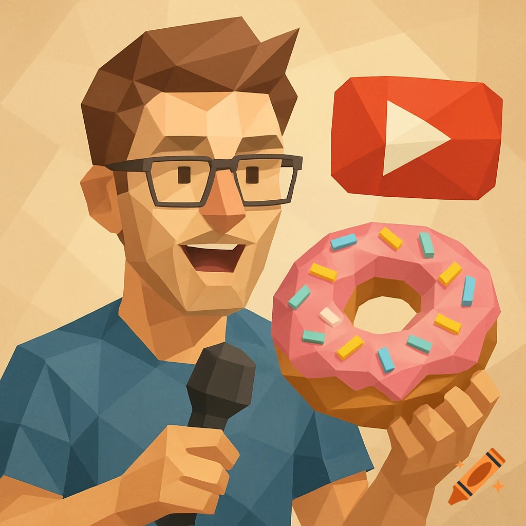 Low-poly illustration of a man with a microphone and donut, with a YouTube logo in the background.