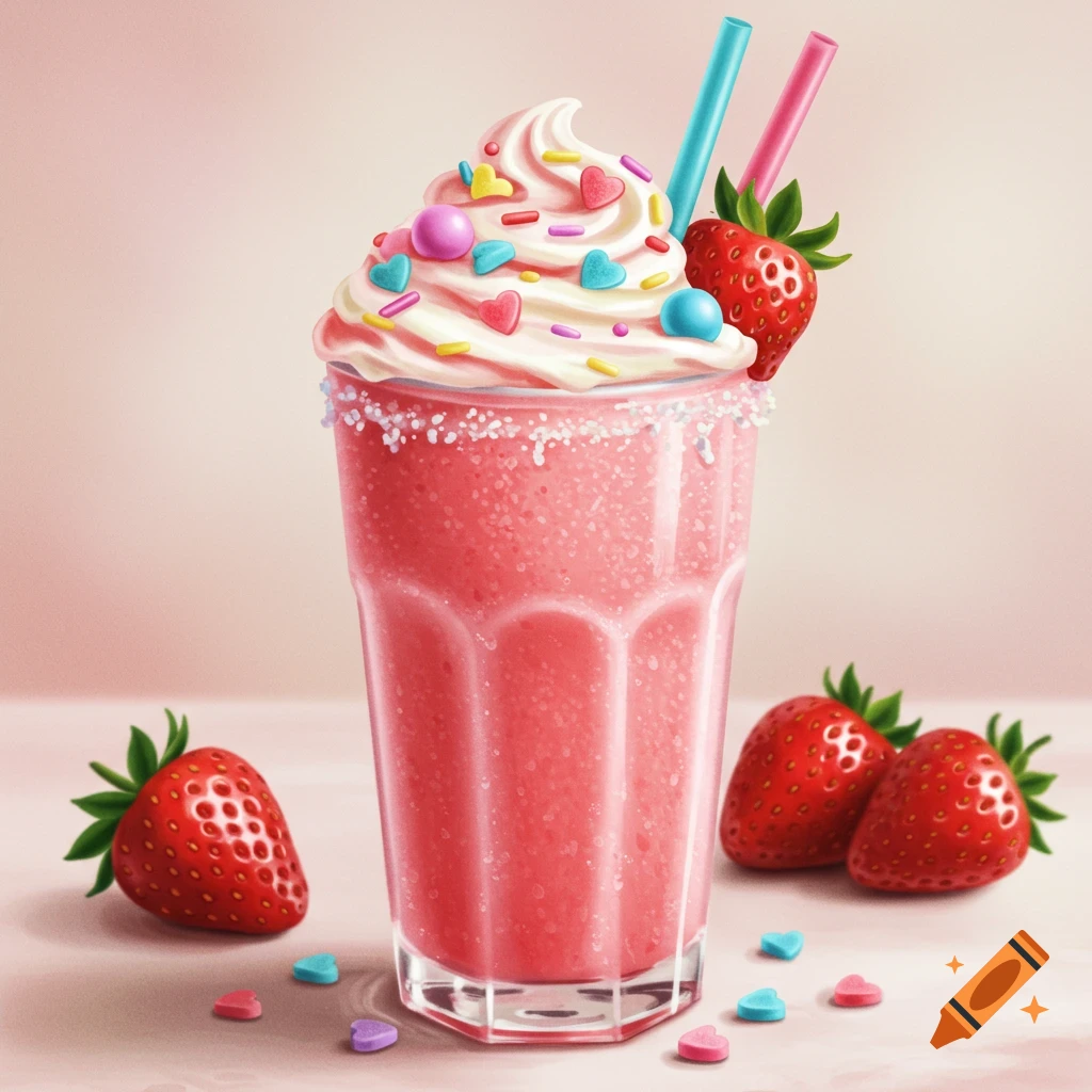 An illustration of a strawberry milkshake with whipped cream, sprinkles, and strawberries.