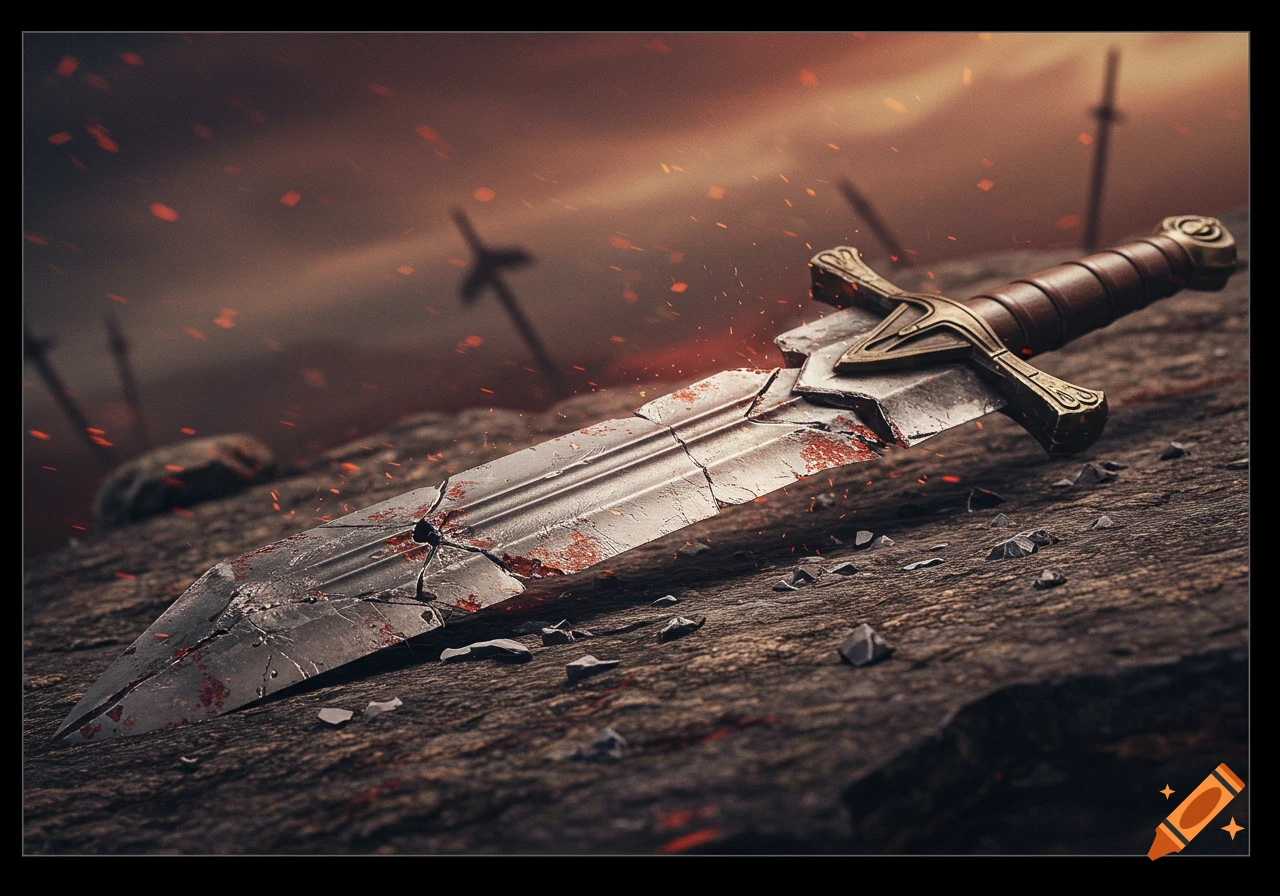 A broken, bloody sword lies on the ground of a battlefield with other swords in the distance.