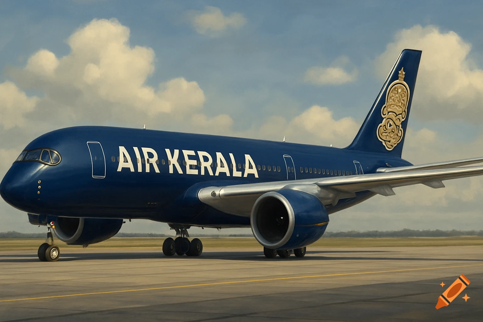 A photorealistic image of a navy blue airplane with "AIR KERALA" text and a gold and white design on the tail, parked on a runway.