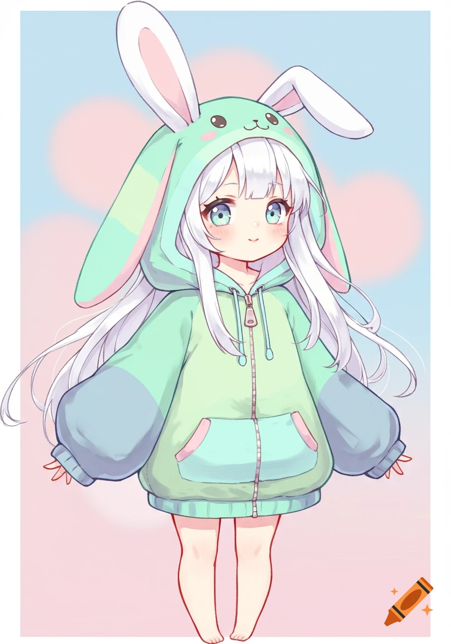 Cute anime girl with white hair in a green and blue bunny hoodie