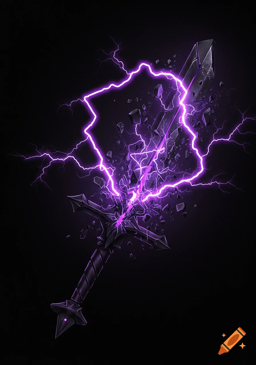 Fractured dark sword with purple lightning on black background.