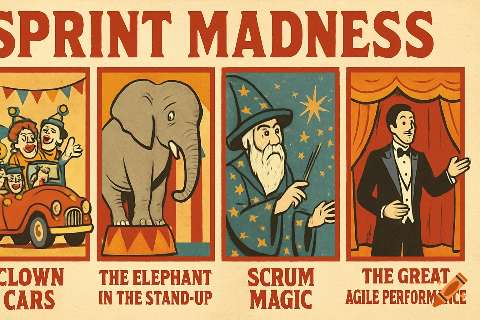 A vintage circus-style poster advertising SPRINT MADNESS with panels depicting clowns, an elephant, a wizard, and a performer.