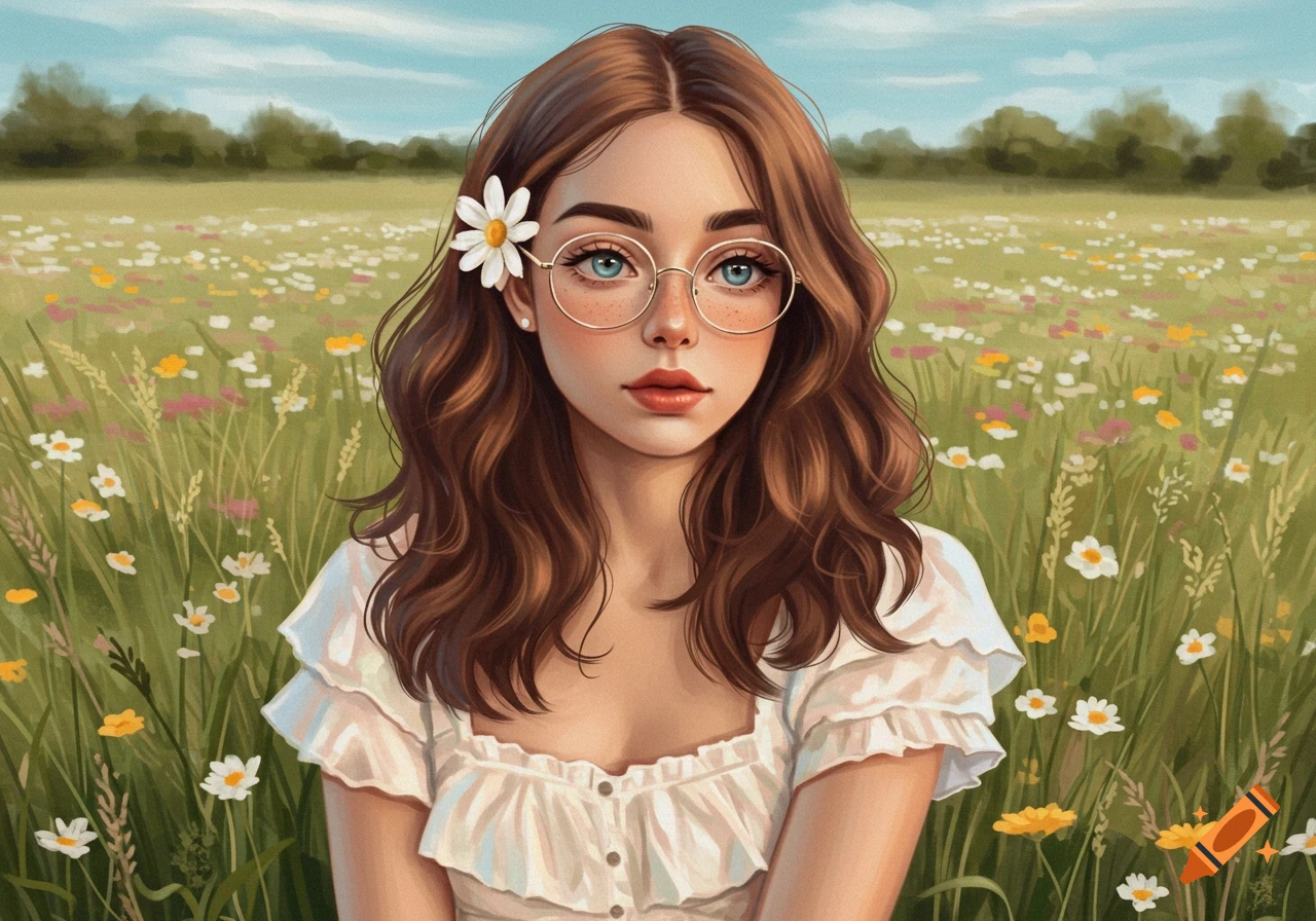 Digital painting of a young woman with brown hair, blue eyes, glasses, and a flower in her hair, in a white dress in a flower meadow.