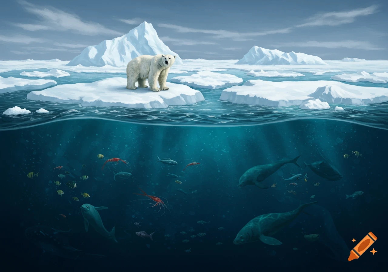 A polar bear stands on an ice floe above a view of diverse marine life ...