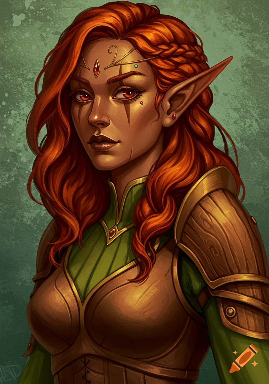Portrait painting of a female wood elf with red hair and dark skin, wearing fantasy armor.