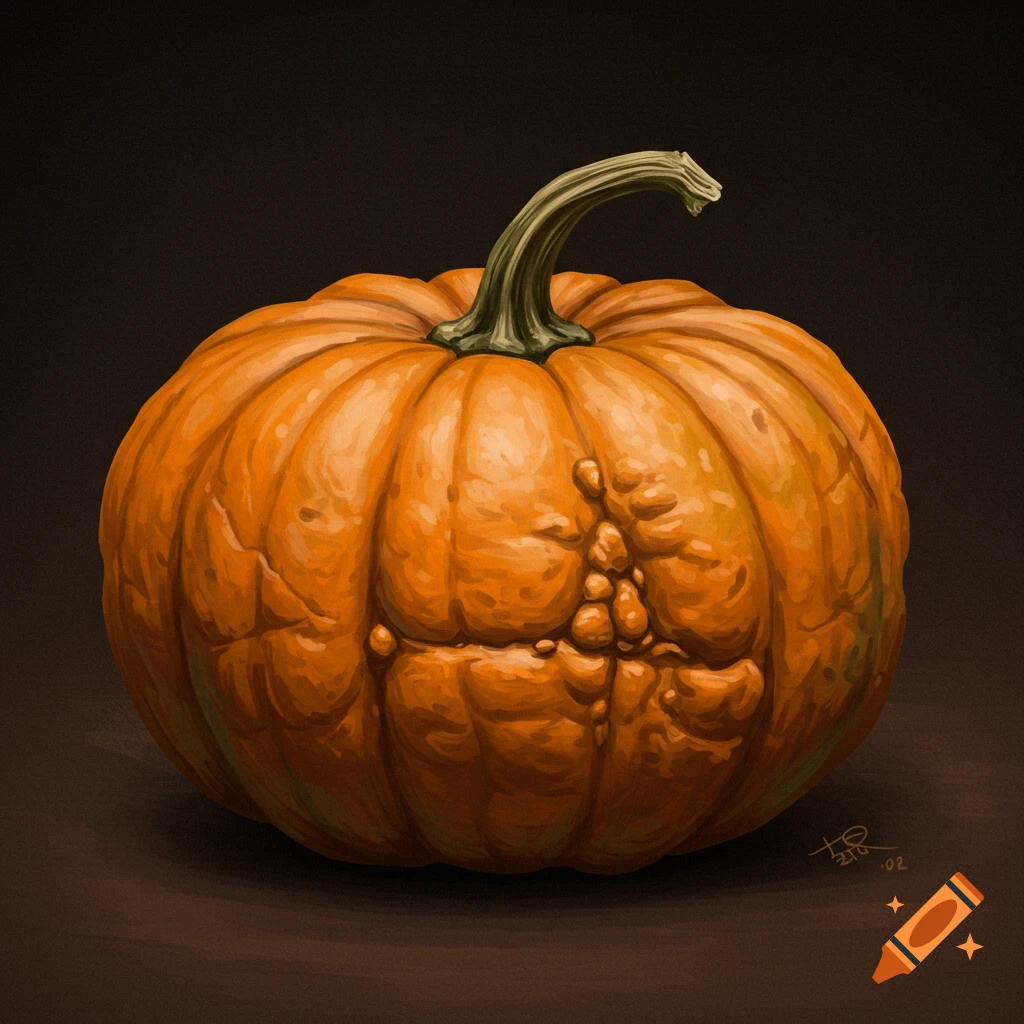 Painting of a primitive orange pumpkin with bumps
