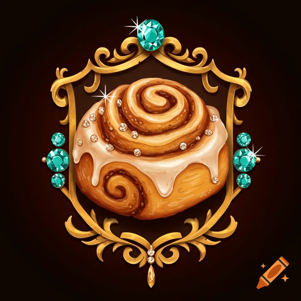 A cinnamon roll decorated with small gems sits within an ornate gold frame with large turquoise jewels.