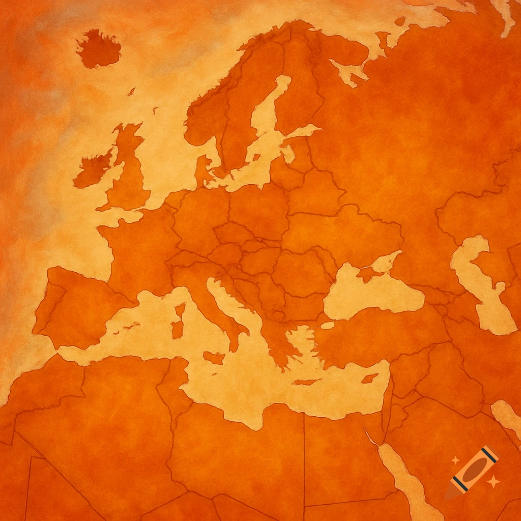 An orange-toned, textured map showing Europe, North Africa, and parts of the Middle East with country borders delineated.