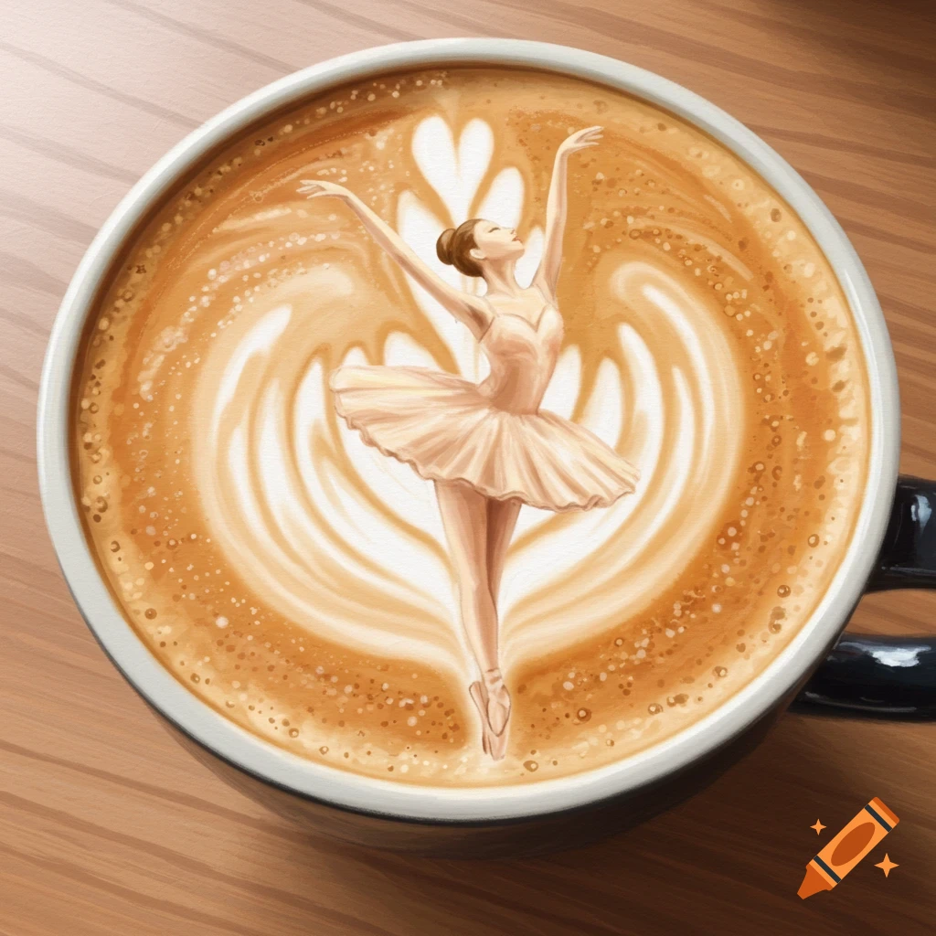 A painting of a ballerina dancing in latte art in a coffee cup