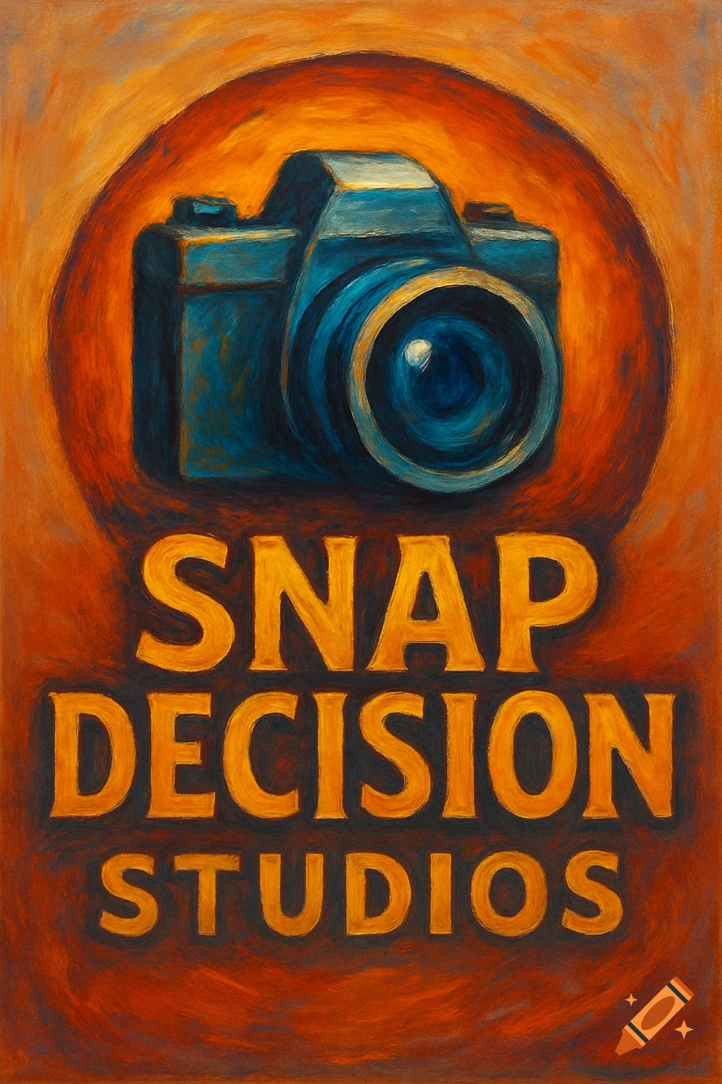 A blue camera is depicted above the orange text "SNAP DECISION STUDIOS" inside an orange circle, in a textured painting style.