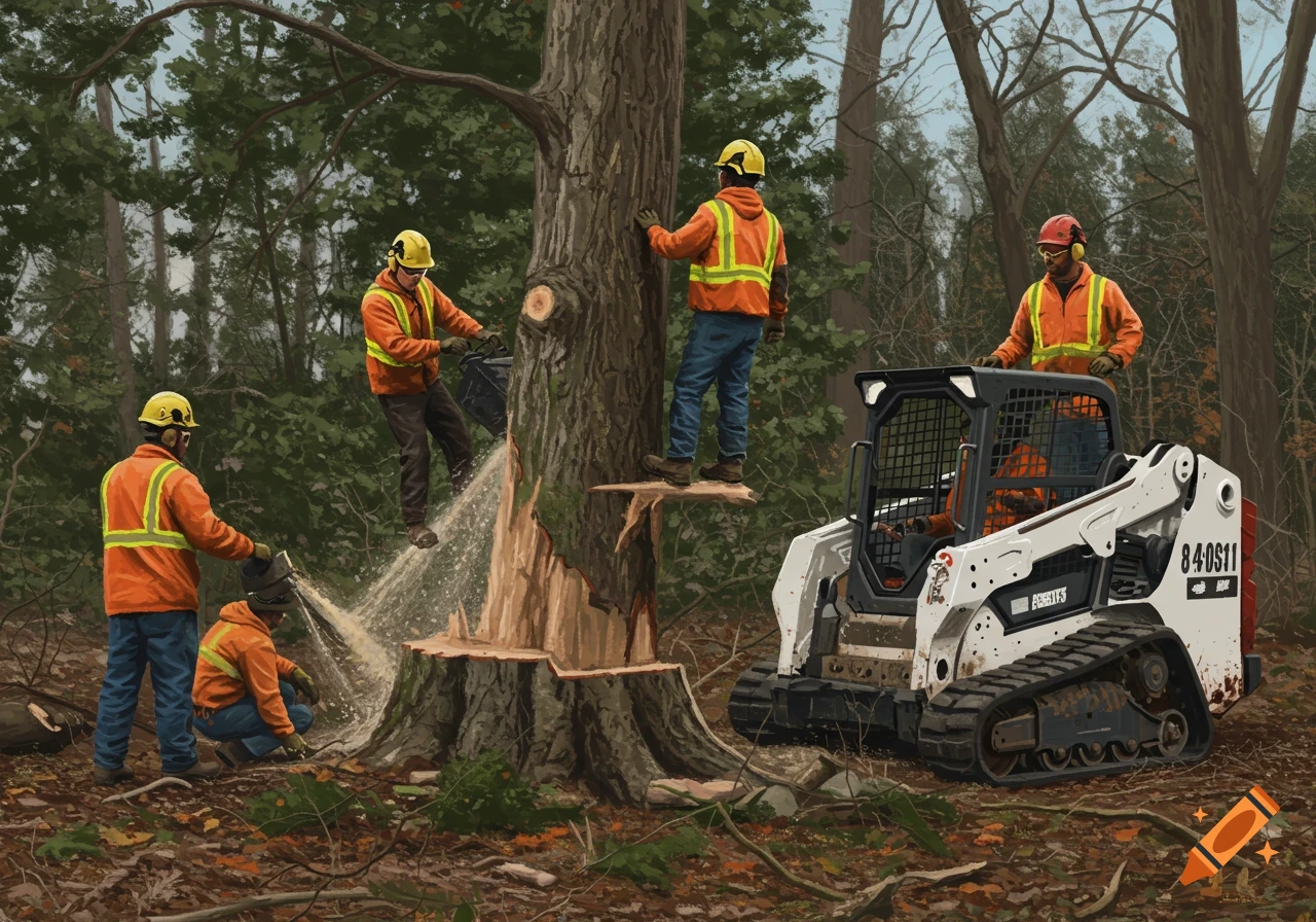 Men in orange vests and helmets cutting a large tree with chainsaws and a Bobcat skid steer in a forest.