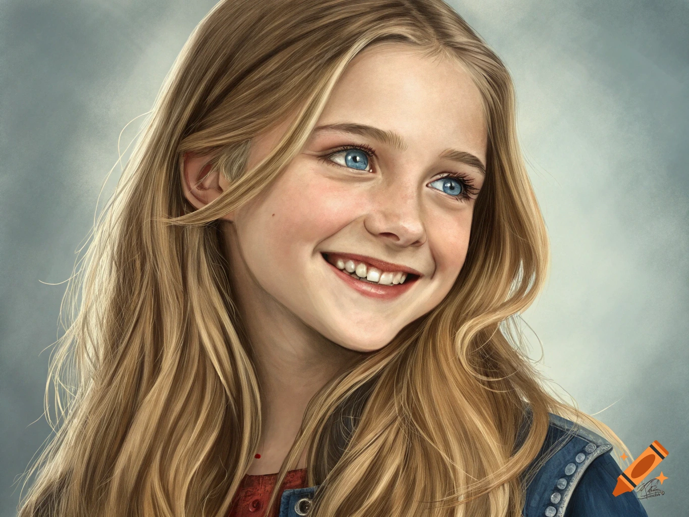 A realistic digital painting of a smiling young girl with long blonde hair and bright blue eyes looking to the right.