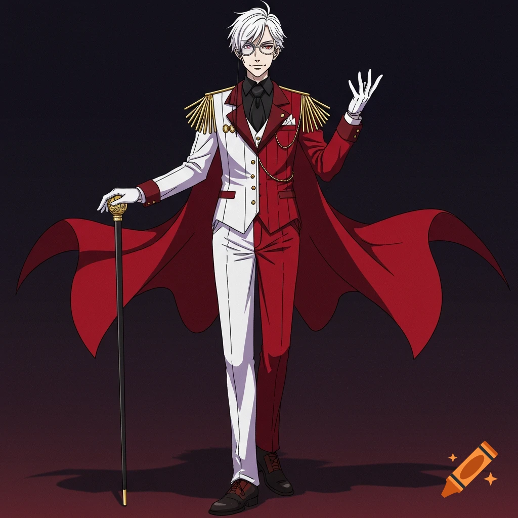 Anime style illustration of a white-haired male character in a split red and white suit, holding a cane.