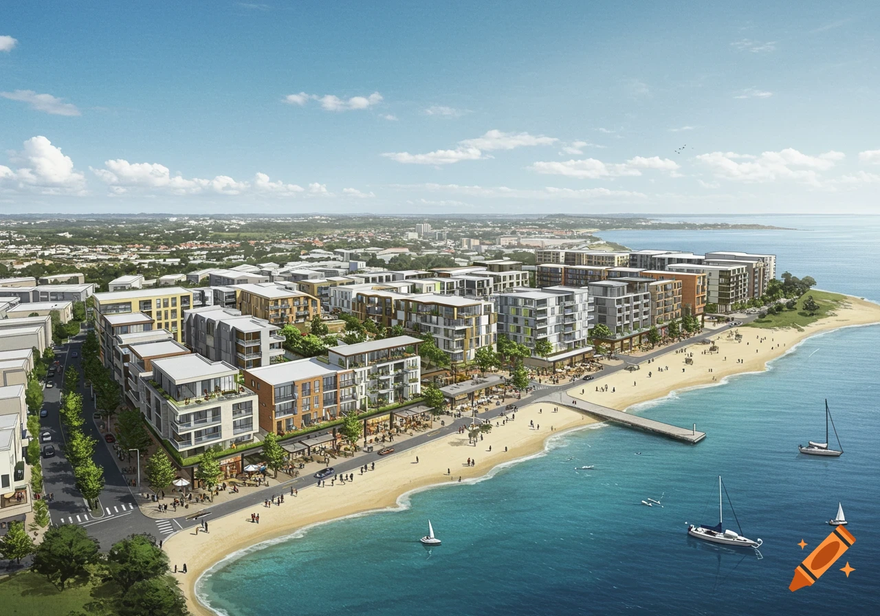 An aerial view of modern coastal buildings, a beach, and ocean with sailboats.