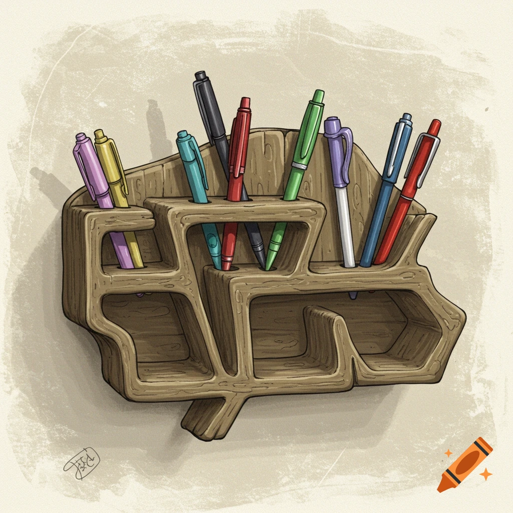 An illustration of a wooden pen holder shaped like a brain, filled with colorful pens.