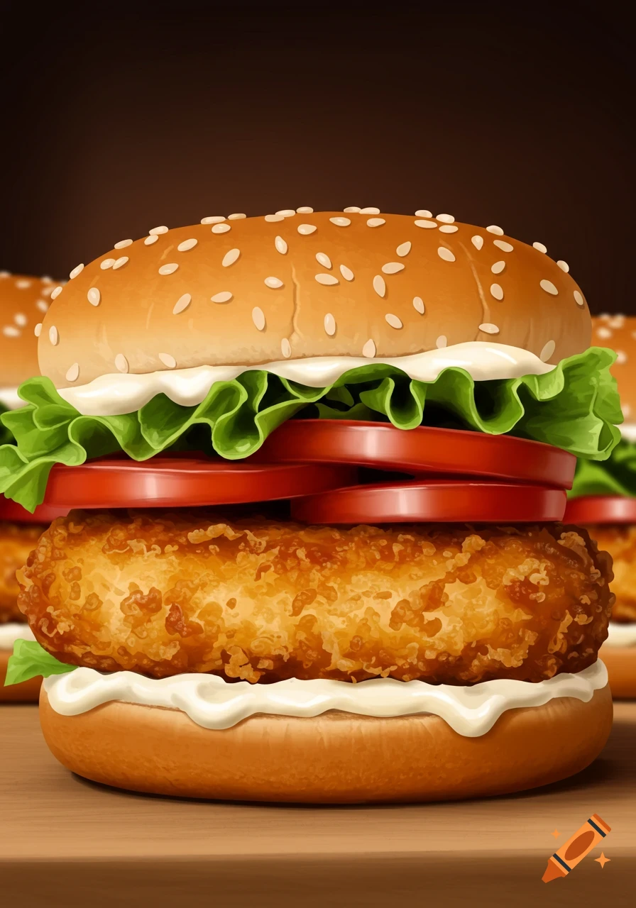 Close-up of a chicken burger with lettuce, tomato, and sauce.