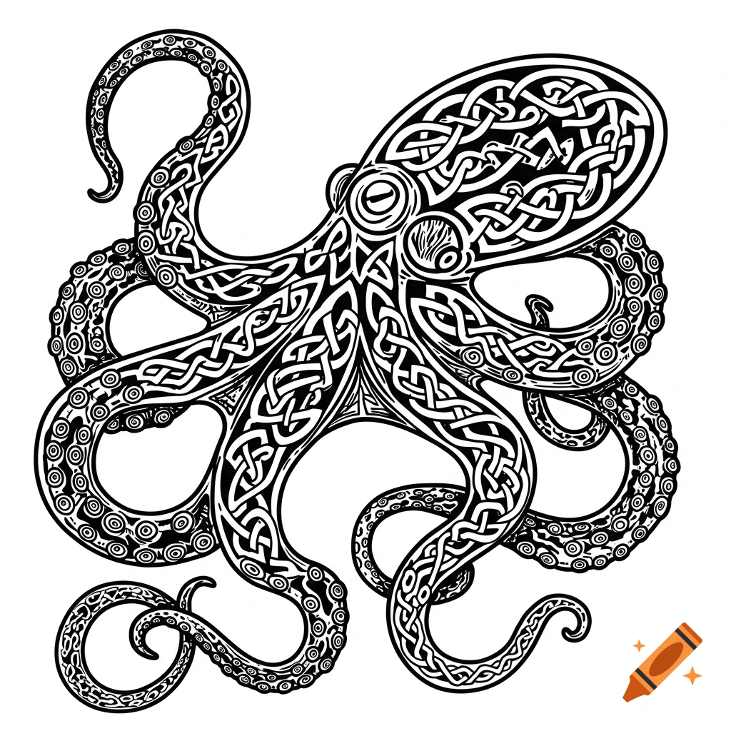 Black and white Celtic knot octopus design.
