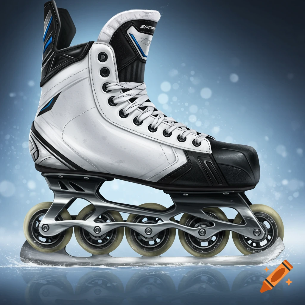Hybrid hockey skate with roller wheels and an ice blade base on a reflective surface