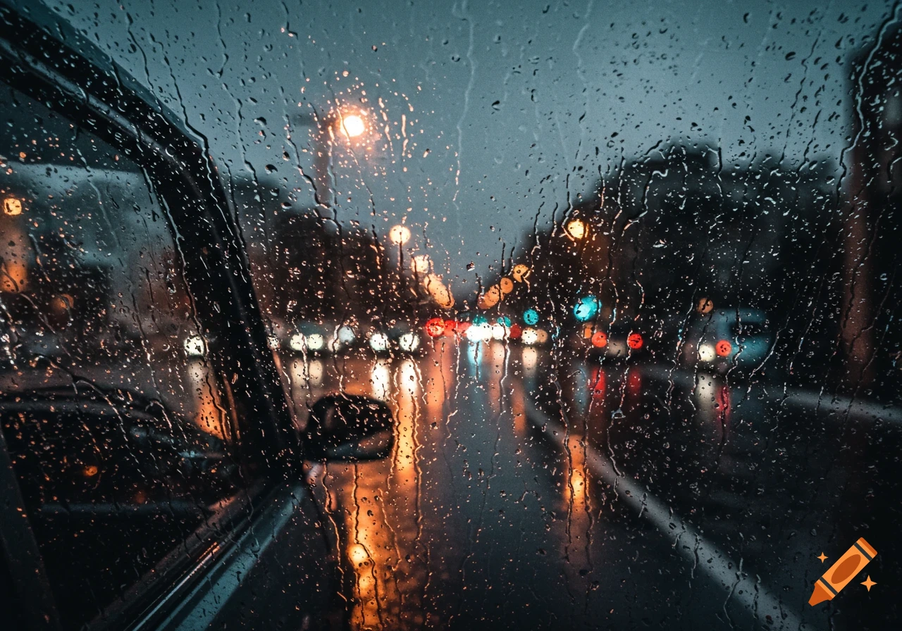 Rainy view through a car windshield looking out at a street at night with blurred city lights.