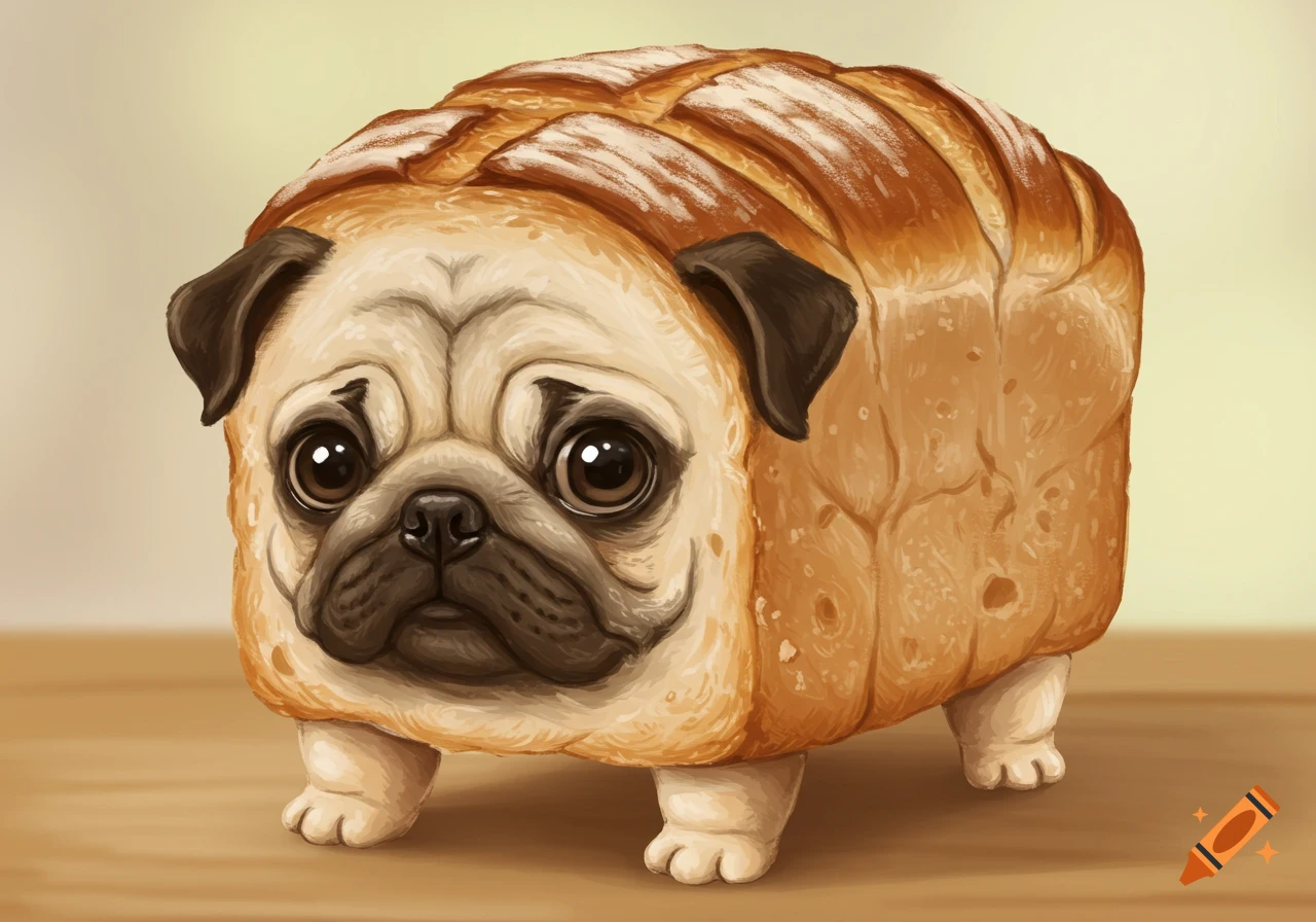 A pug's face and legs are attached to a loaf of bread.