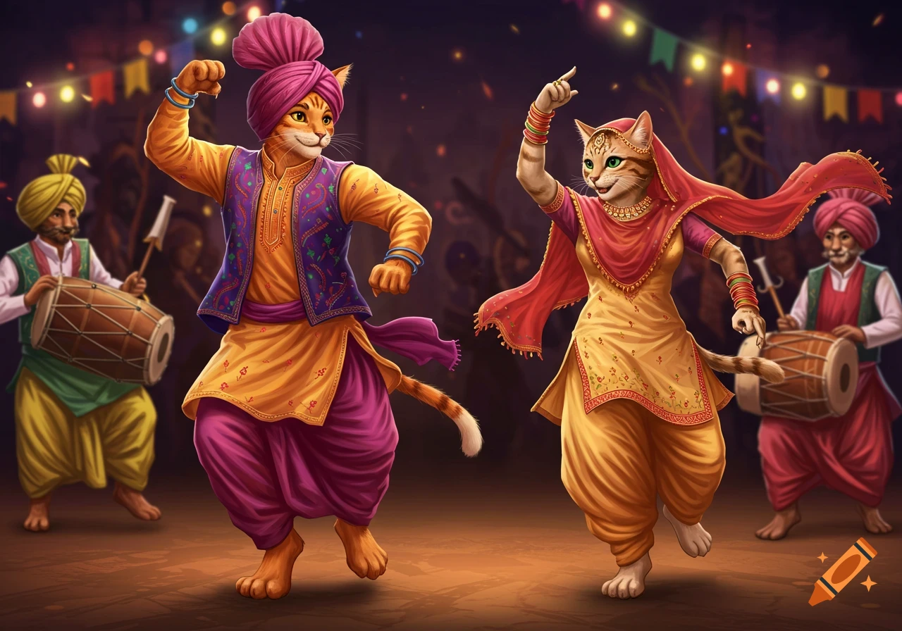 Two anthropomorphic cats in traditional Punjabi outfits dance Bhangra with musicians in the background.