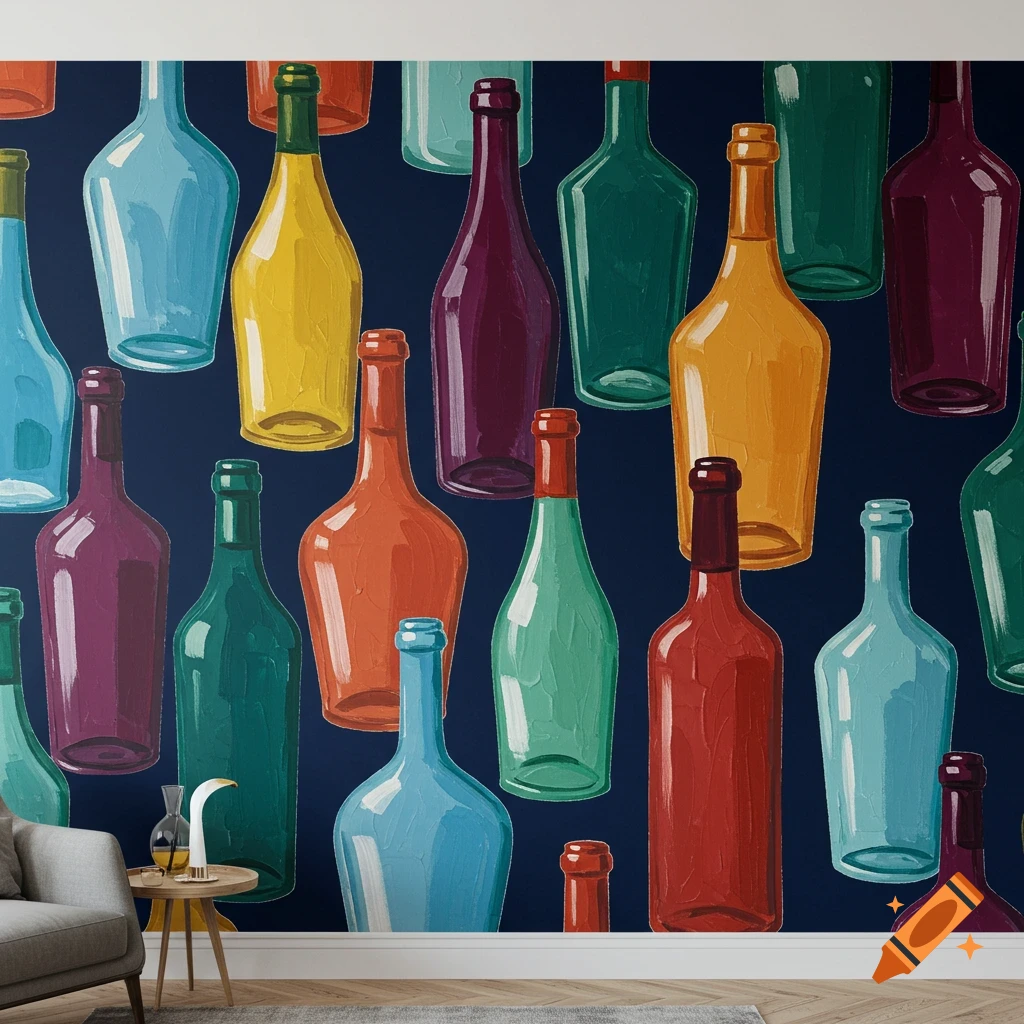 A pattern of colorful painted wine bottles on a dark background.