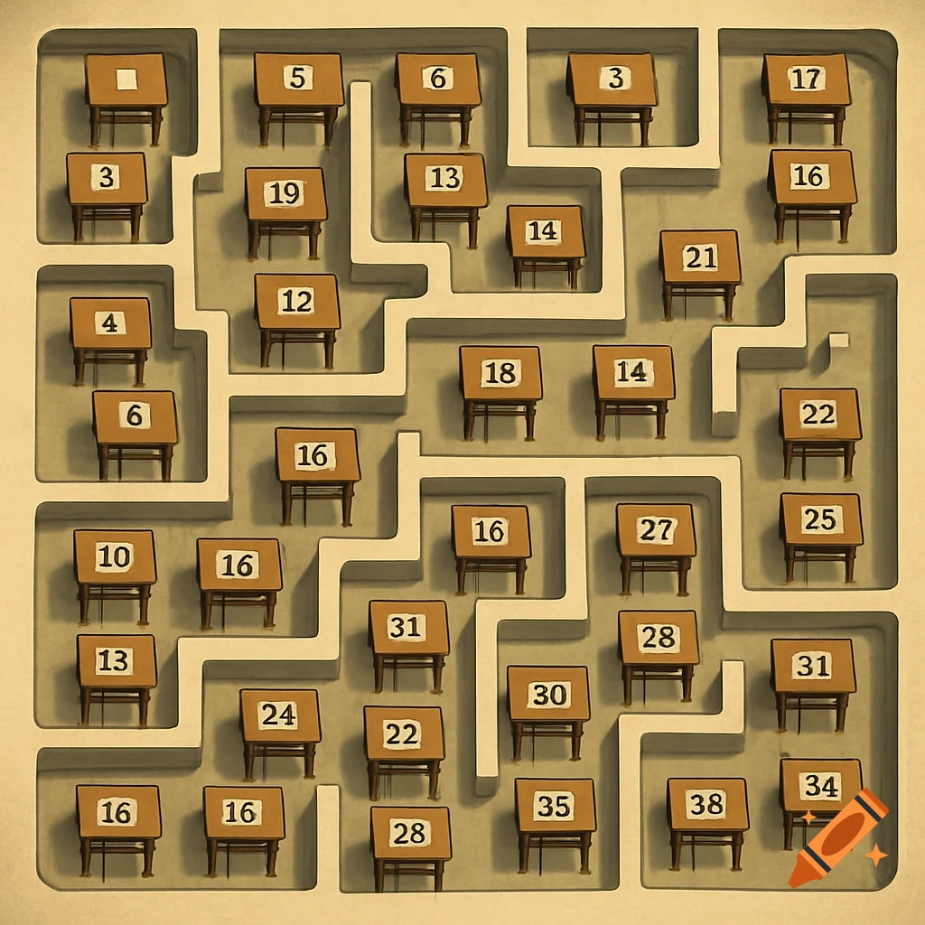 A maze-like seating chart with numbered desks