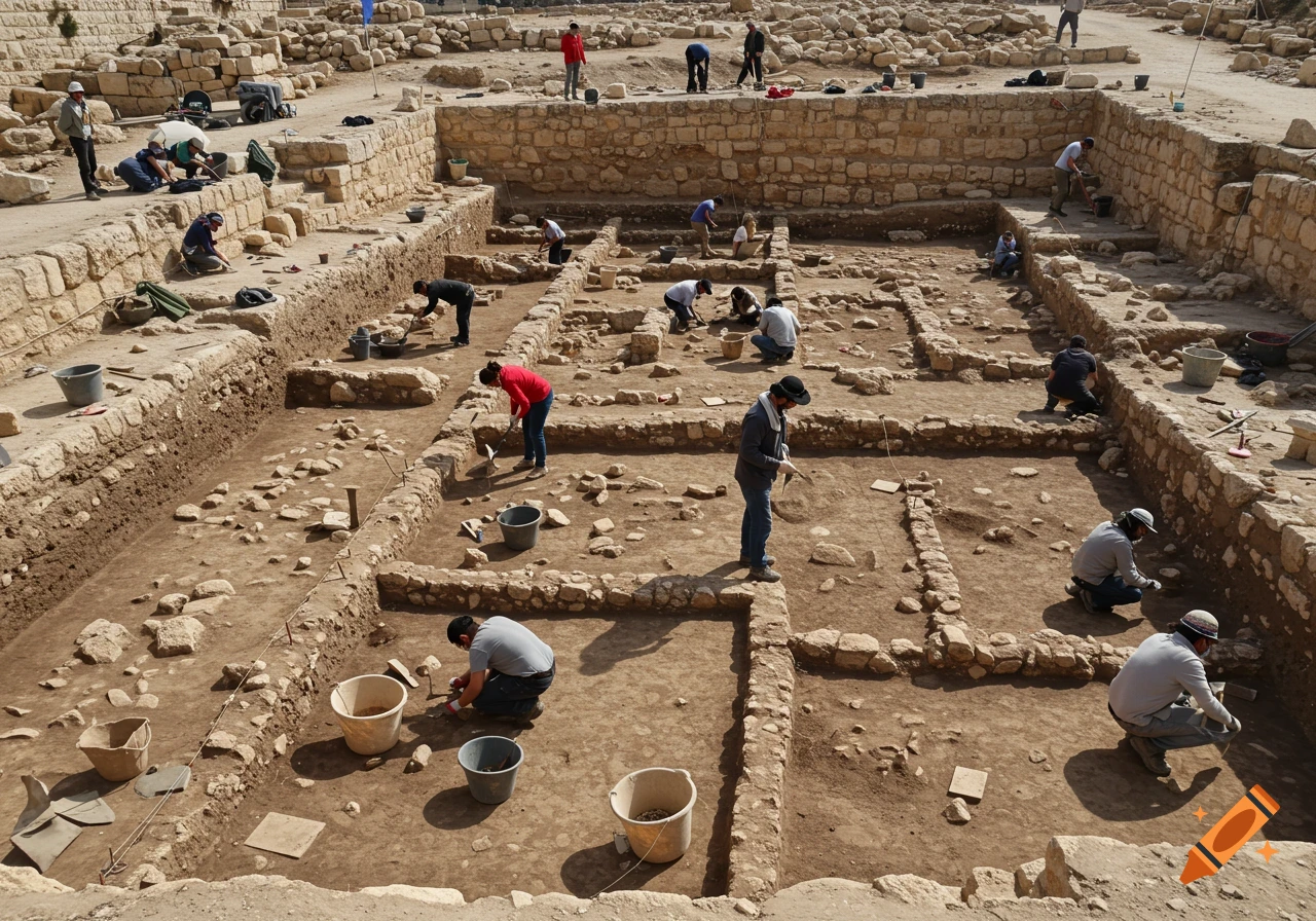 Archaeologists excavating a historical site, digging in a large pit among stone walls and dirt.