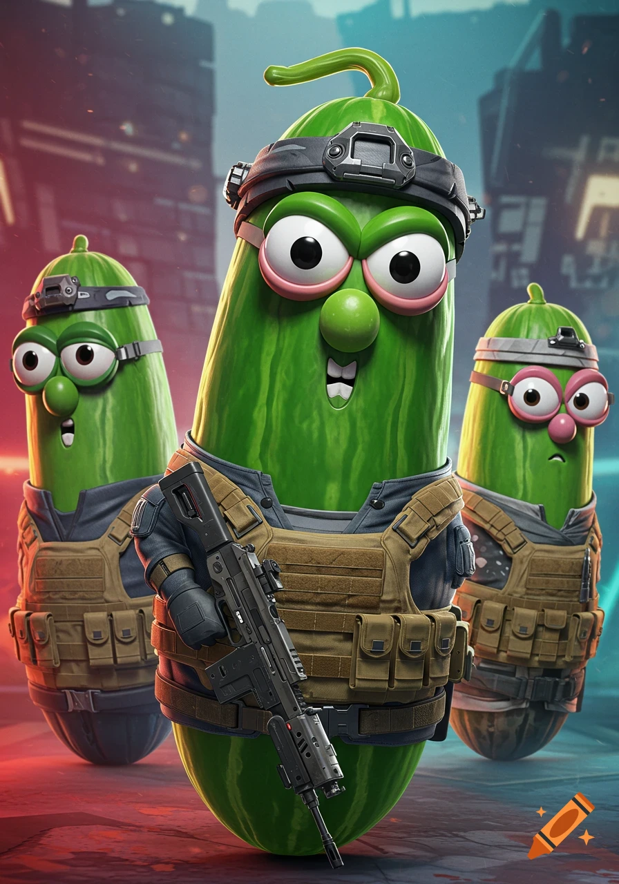 Three cartoon cucumbers in tactical gear with a rifle stand against an urban background.