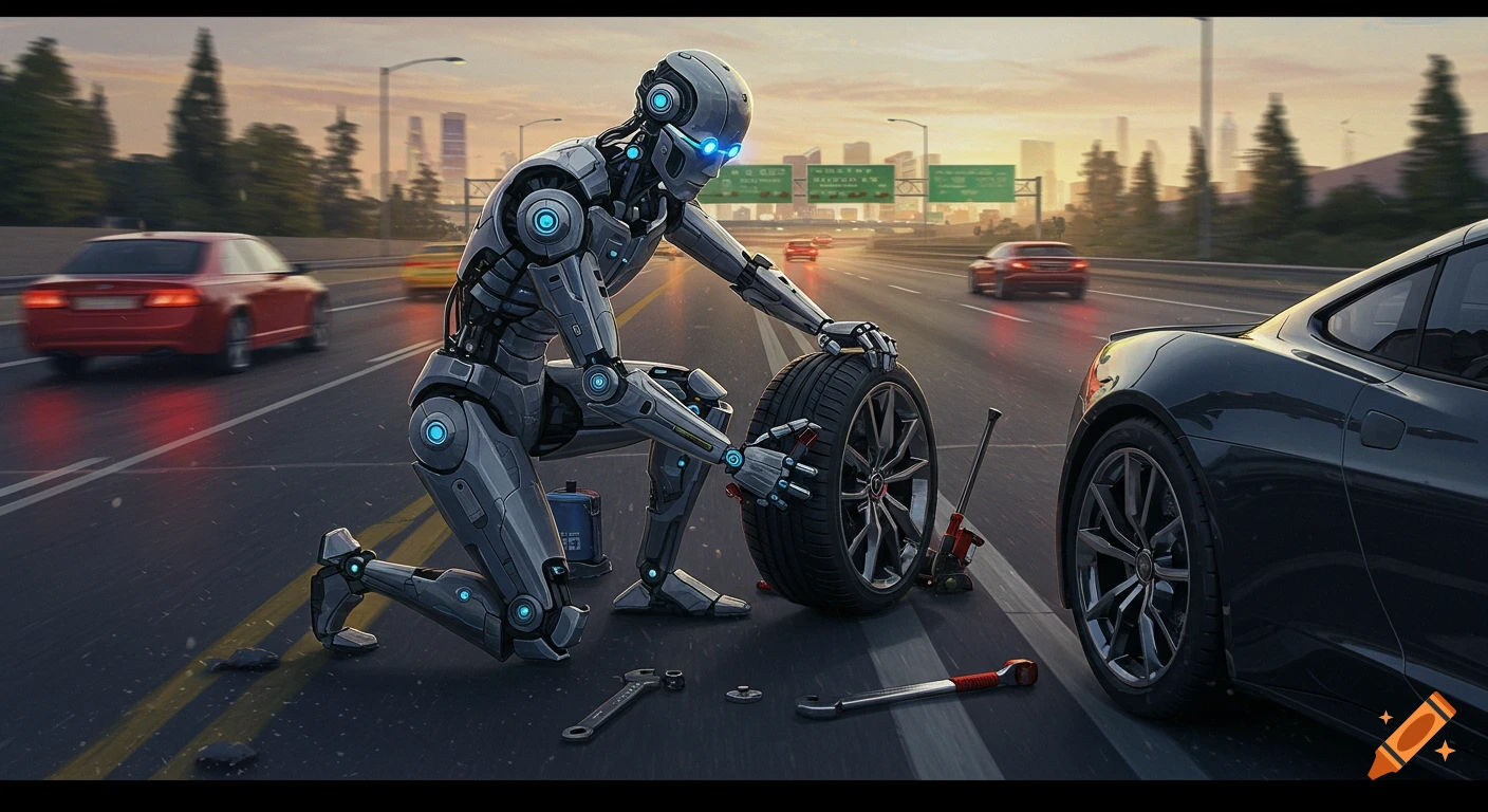 A robot kneels on the side of a highway at sunset, changing a car tire. Cars pass by.