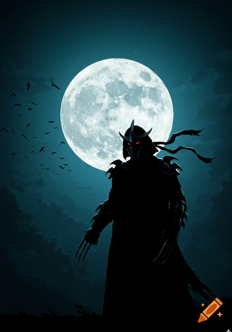 Silhouette illustration of Shredder from TMNT standing before a large full moon with bats.