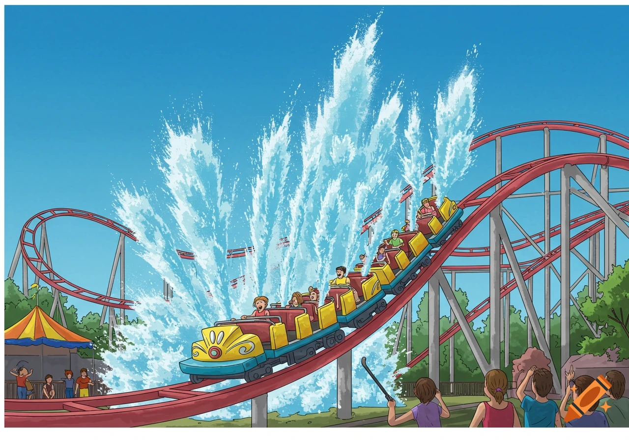 Cartoon illustration of a roller coaster on a red track splashing a large amount of water on riders as people watch from below.