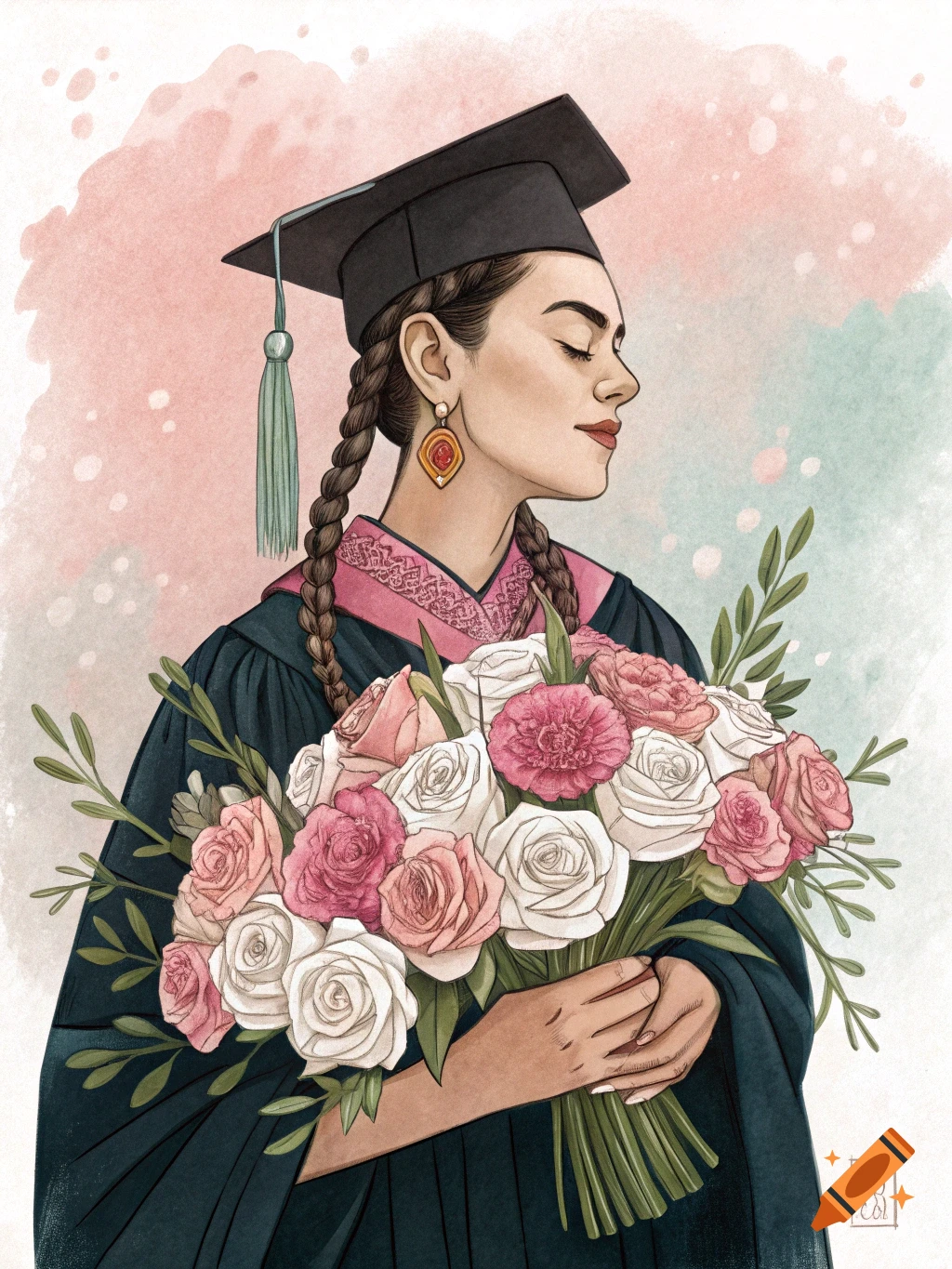 Watercolor illustration of a woman in a graduation cap and gown holding ...