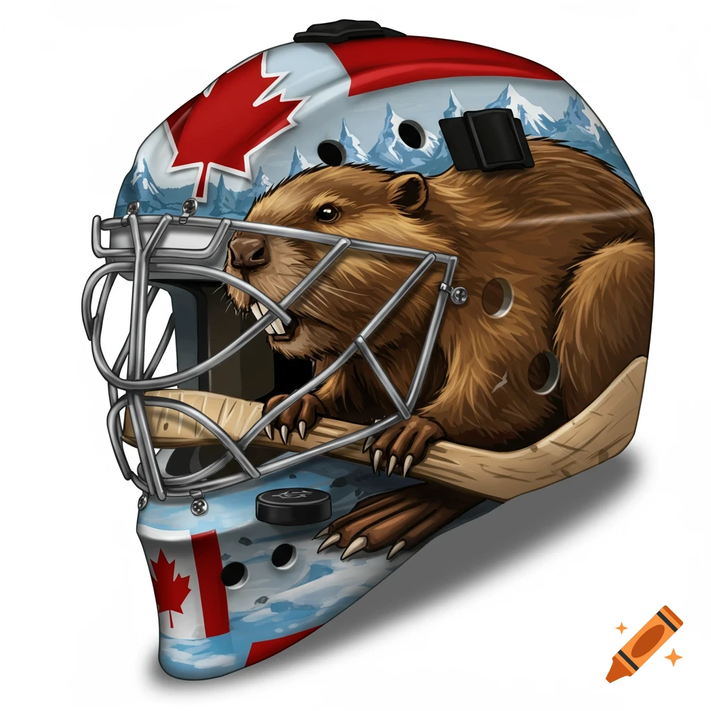 Painted hockey goalie mask with a Canadian flag maple leaf and a beaver holding a hockey stick and puck.