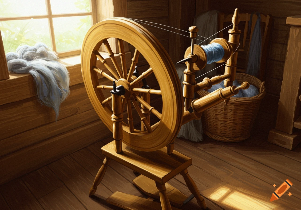 A wooden spinning wheel sits by a sunlit window with yarn.
