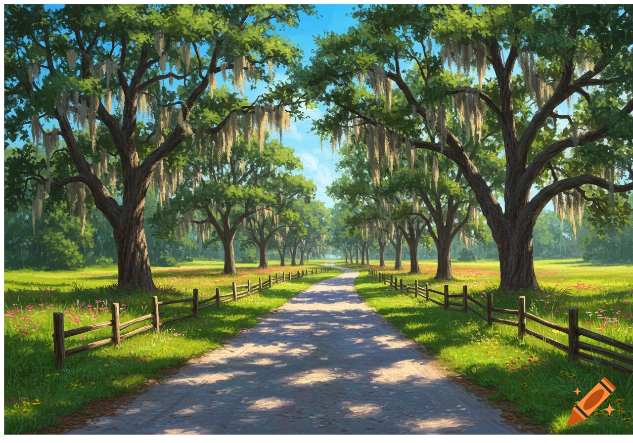 A sunny path lined with large oak trees draped in moss, leading into the distance through fields with wooden fences.