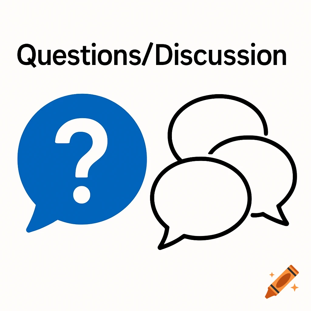 Graphic with a blue question mark in a speech bubble and three outline speech bubbles, with the text 'Questions/Discussion' above.
