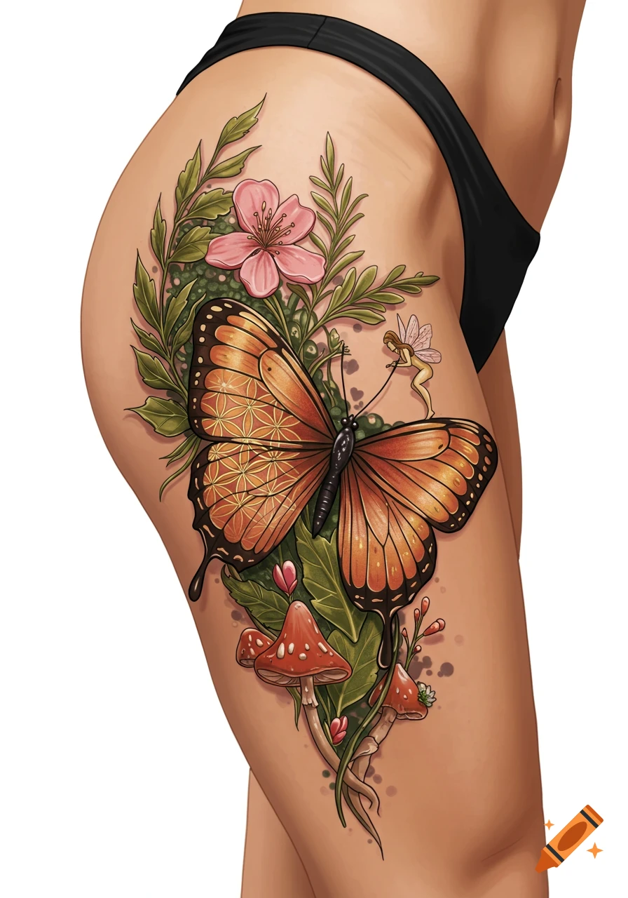 Illustrative tattoo design on a thigh featuring a monarch butterfly, pink flowers, green leaves, red mushrooms, and a tiny fairy.