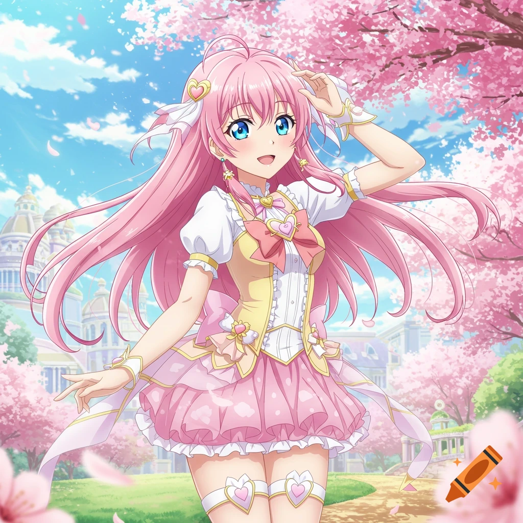 Anime girl with pink hair and dress among cherry blossoms