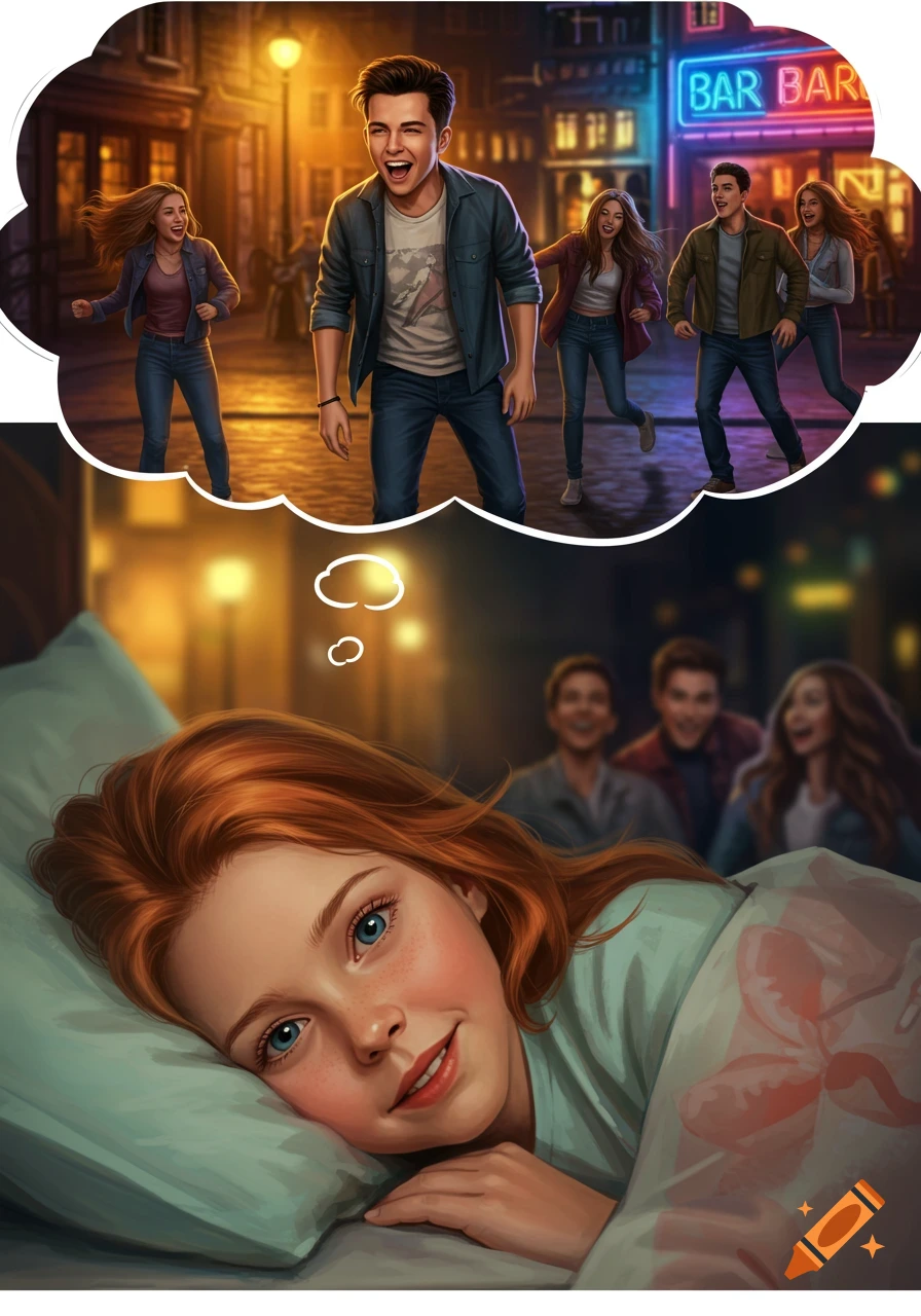 Illustration of a girl dreaming of friends walking down a street at night.