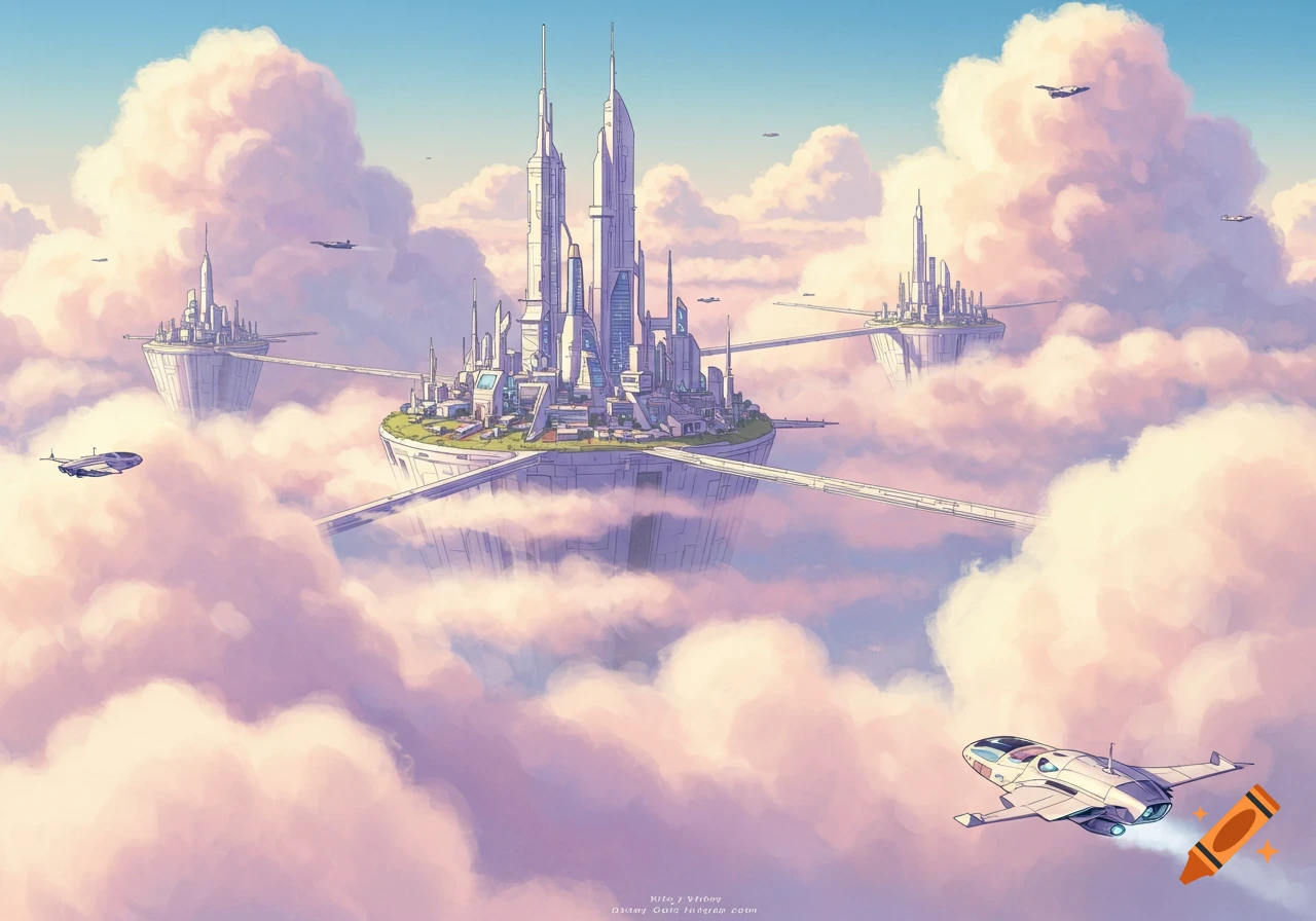 A futuristic city floats high in pink and white clouds with aircraft flying nearby, in an illustrated style.