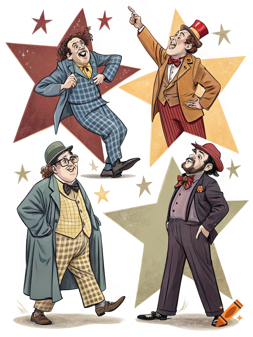 Four cartoonish figures in theatrical costumes posed against star shapes